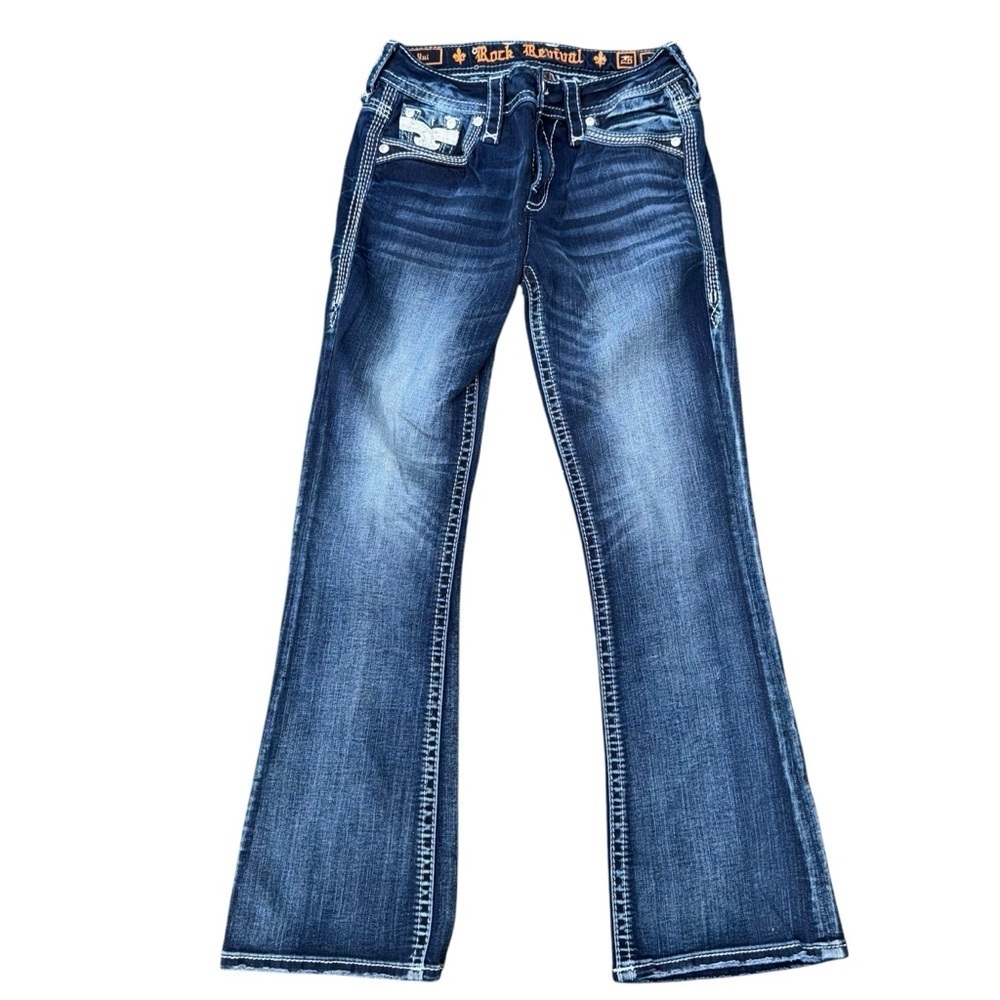 NWOT Rock Revival Women’s Yui Bootcut Jeans 26 Blue Lowrise Rhinestone